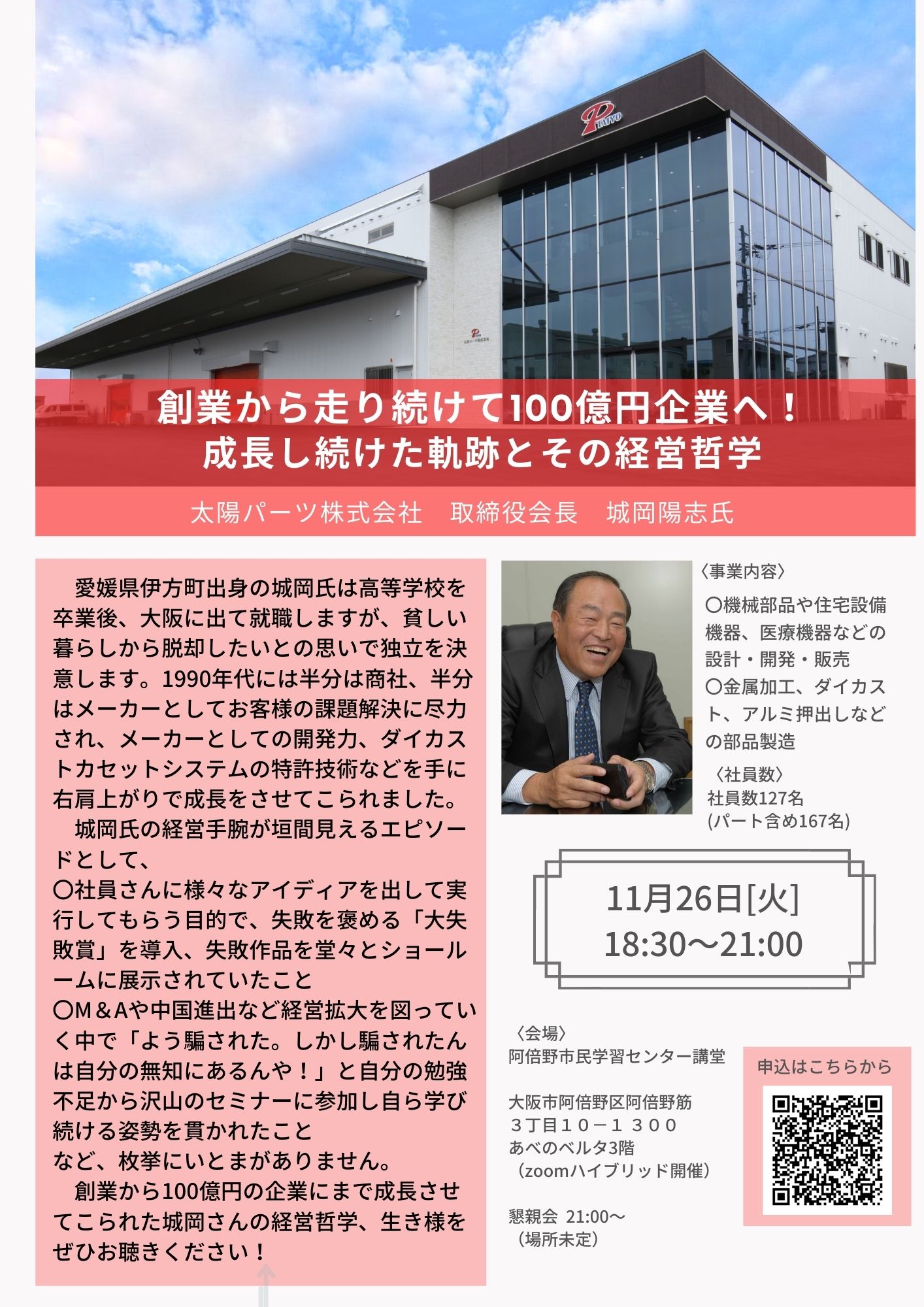 11月 大阪府中小企業家同友会平野支部　例会　太陽パーツ株式会社　城岡陽志　氏